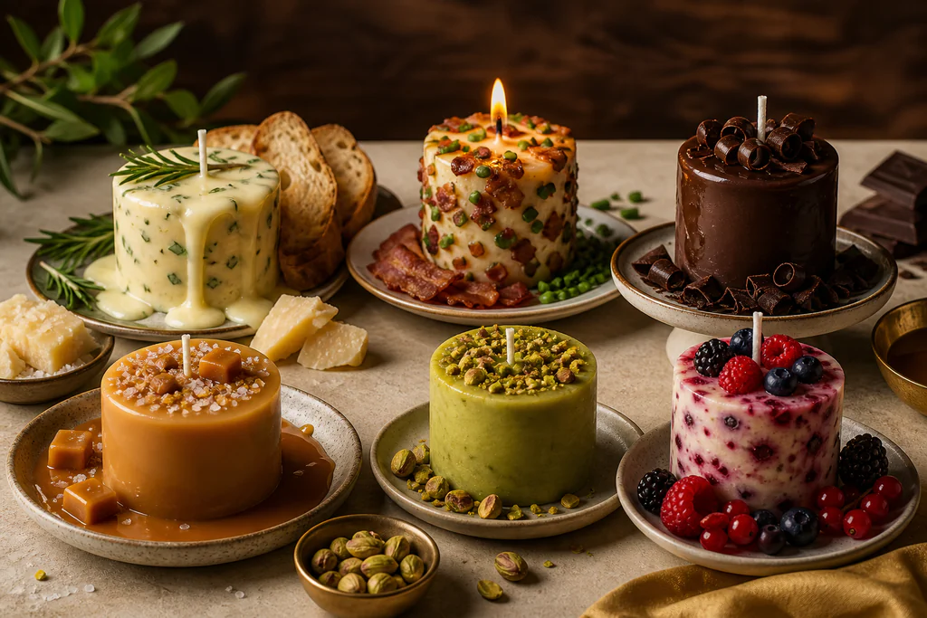 Coleção de velas comestíveis de ervas, bacon, chocolate, caramelo, pistache e frutas